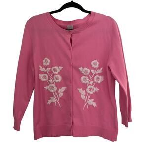 Garnet Hill Cardigan Sweater Pink White Embroidered Floral Womens Size Large